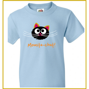 T shirt en coton, avec un motif de chat (devant et sur le dos), yeux et moustaches: brillent dans le noir