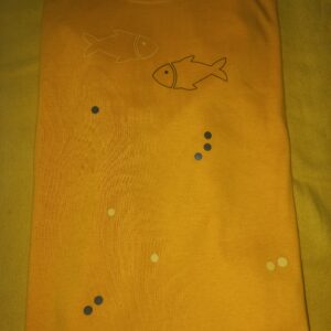 T-Shirt en Coton Taille M - couleur Jaune avec Motifs Artistiques (de boules rondes et de poissons)