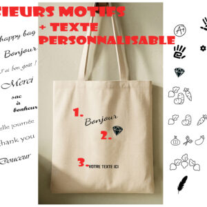 tote5, tote bag en coton 180g/m2, plusieurs motifs au choix, champ de texte personnalisable