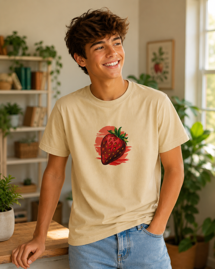T shirt qui contient une image coloré d'une Fraise